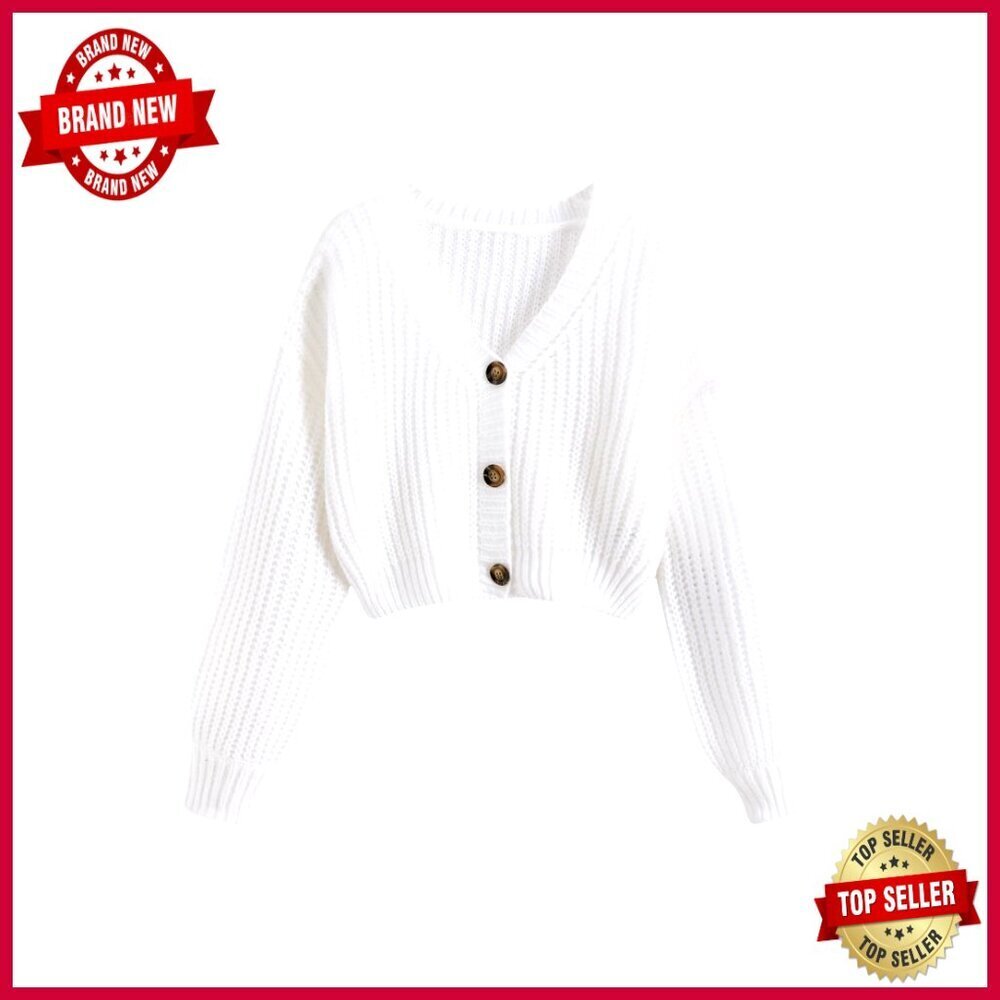 Cropped Cardigan Sweater Lightweight Chunky Knit Button Up Long Sleeve